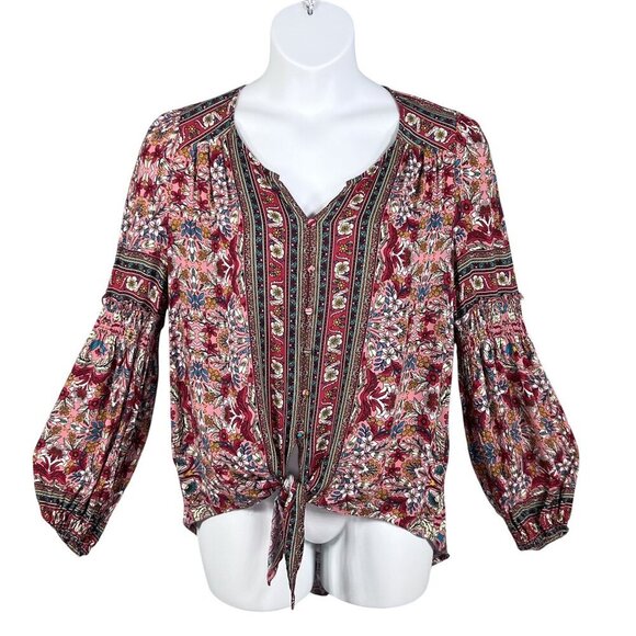GiGio Womens M Boho Floral Blouse Smocked Cuff Balloon Sleeves Hippie Artsy Top - Picture 3 of 16